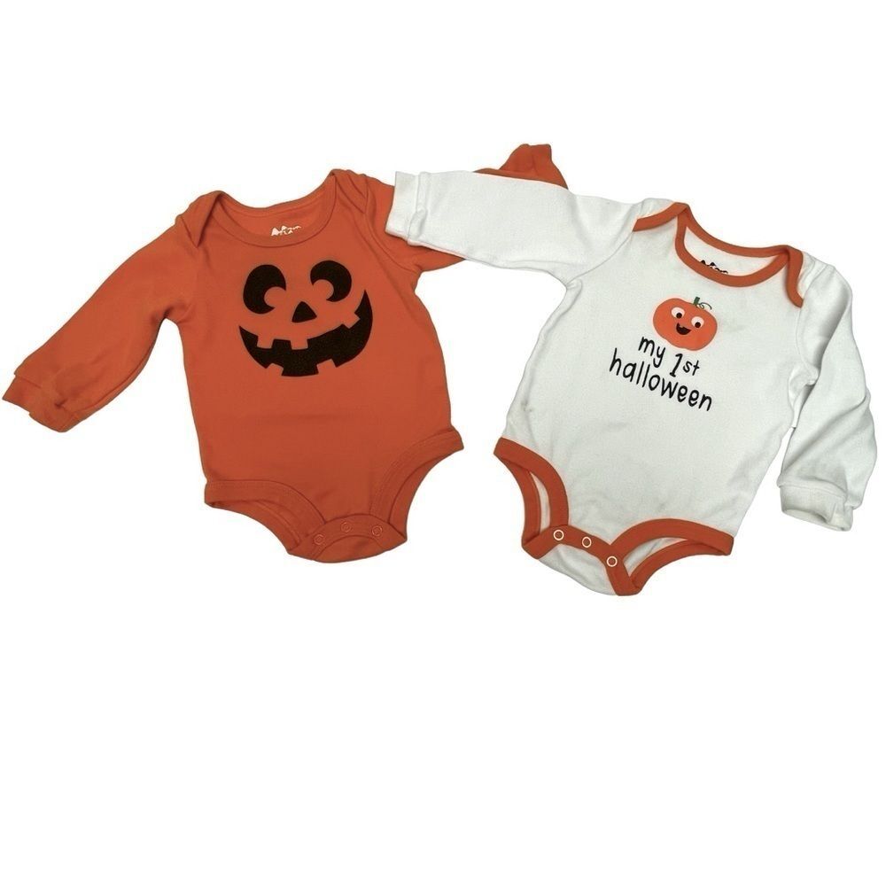 My 1st Halloween Jack-o-lantern Onsie Set of 2 Orange Black White size 6-9 Mos.